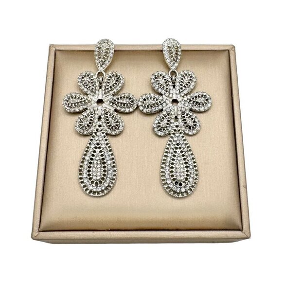 Women’s Silver Rhinestone Paved Flower Chandelier Large Drop Dangle Earrings - Picture 3 of 8